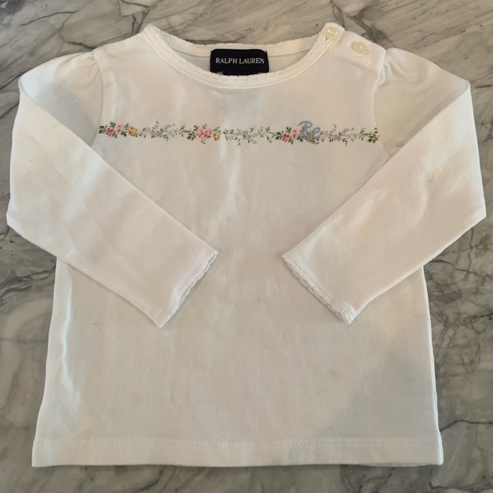 Ralph Lauren Off-White Long Sleeve Shirt with Flower Design and Embroidered RL